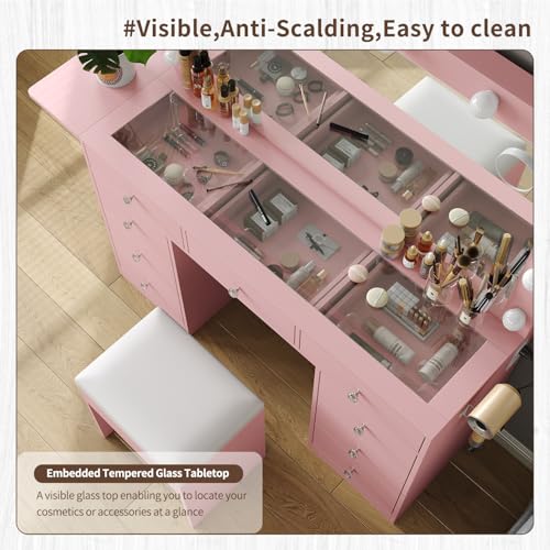 Vanity Desk with Power Outlet, 9 Drawers Makeup Vanity with Mirror and 12 LED Lights, 3 Lighting Modes, Glass Top Vanity Set, Fold-up Panel, Dressing Table for Bedroom