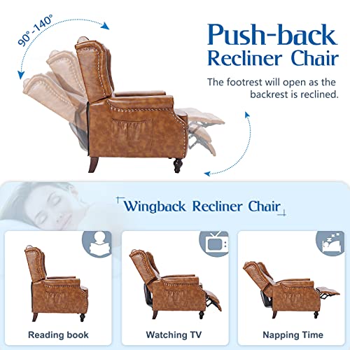Wingback Recliner Chair with Massage and Heat, Tufted Fabric Pushback Recliner Chair, Wingback Chair with Remote Control, Padded Cushion, Wooden Legs, Small Recliners for Small Spaces