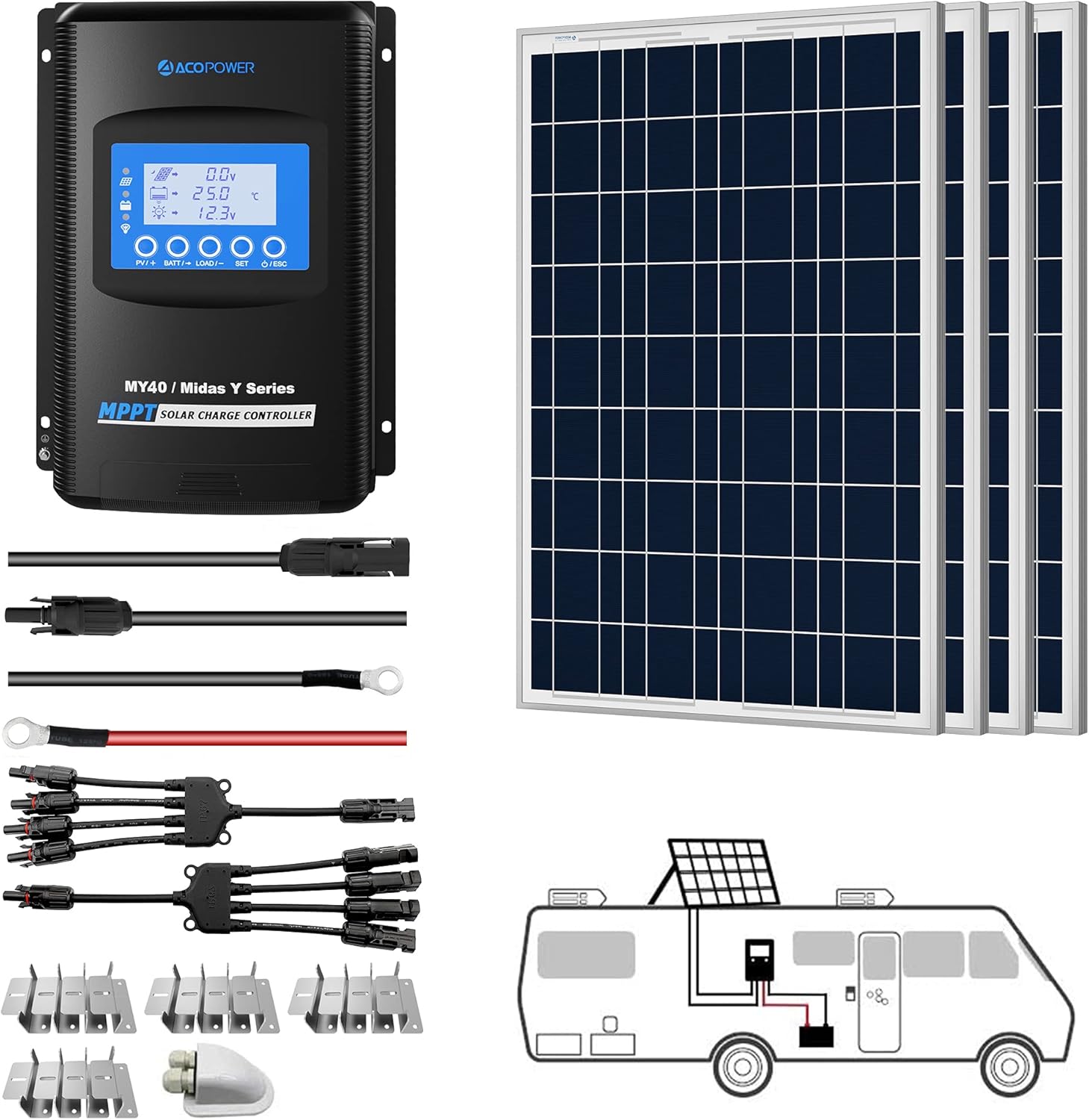 ACOPOWER Solar Panel Kit, 800W 12/24V Polycrystalline Off-Grid System for RV Home Marine with 8PCs 100W Rigid Solar Panels/60A MPPT Controller/Z-Brackets/Y Connectors/Solar Cables/Cable Entry Housing