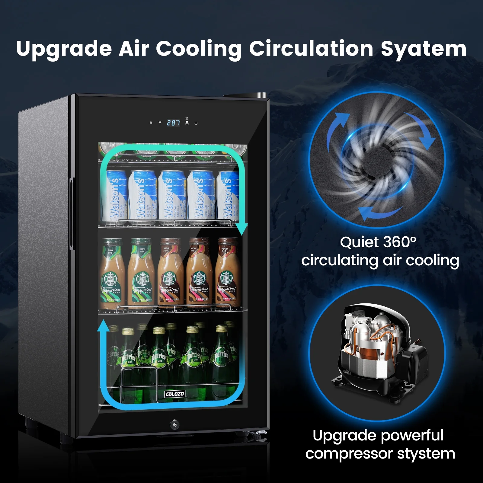 COLOZO Black Beverage Refrigerator Cooler, 96 Cans Freestanding Mini Fridge with Glass Door