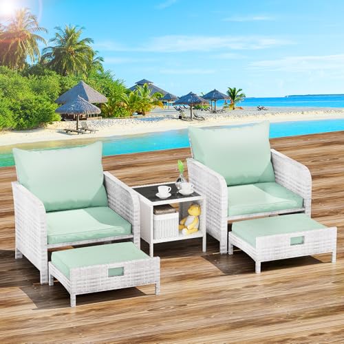 LEVELEVE Balcony Furniture 5 Piece Patio Conversation Set, PE Wicker Rattan Outdoor Lounge Chairs with Soft Cushions 2 Ottoman&Glass Table for Porch, Lawn-Brown Wicker