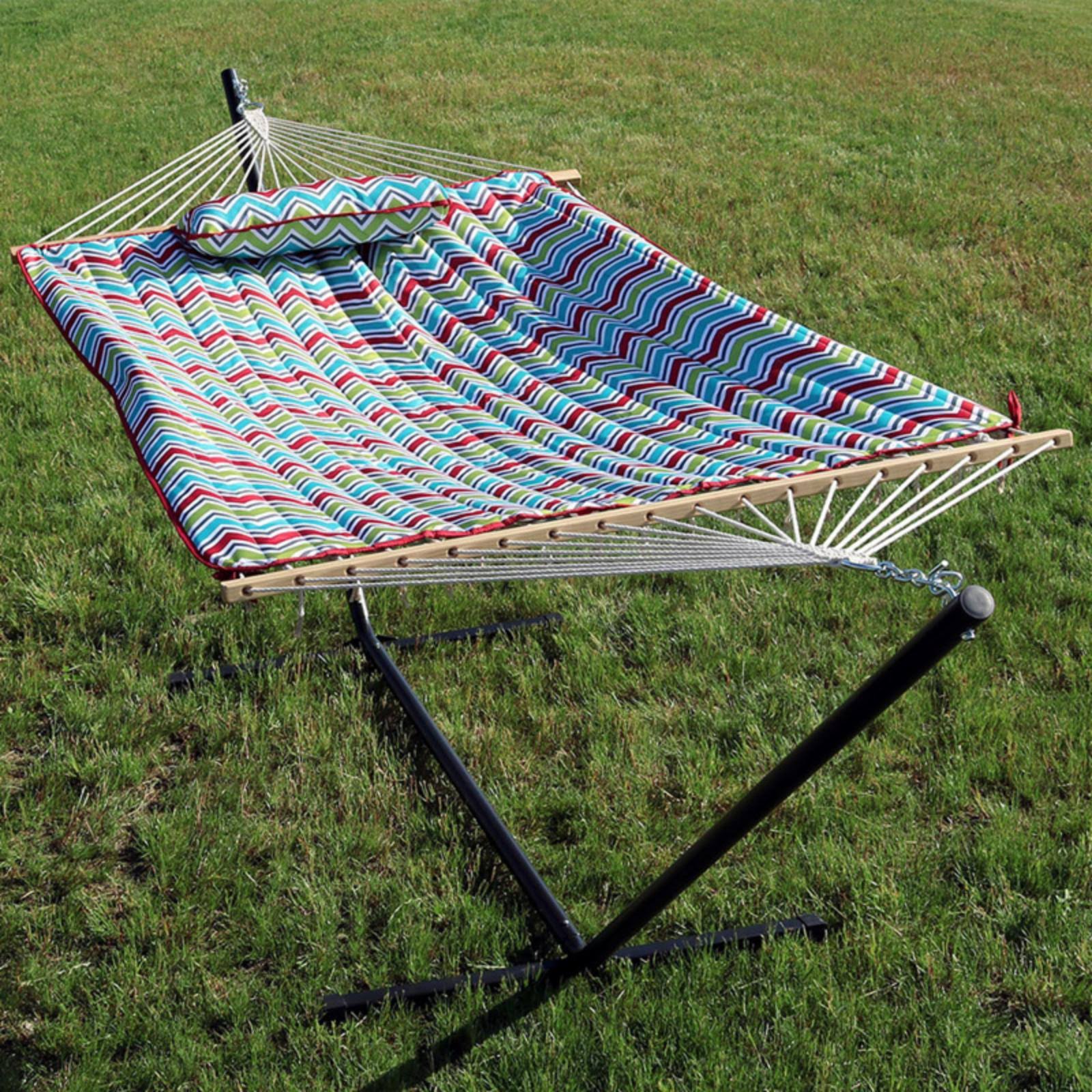 Sunnydaze Decor Multi Color Chevron Cotton Rope Hammock with 12 Foot Stand Pad