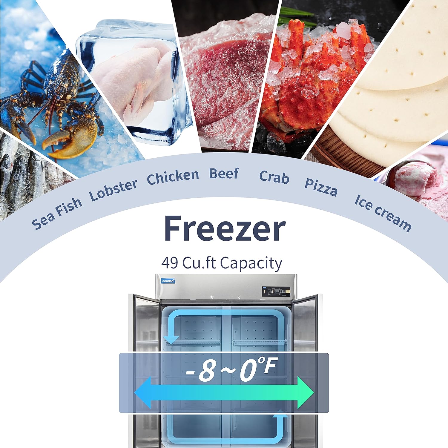 54"Commercial Freezer with 2 Solid Door Reach-in 49 Cu.ft Stainless Steel Commercial Freezer Fan Cooling for Restuarant, Bar, Shop, etc