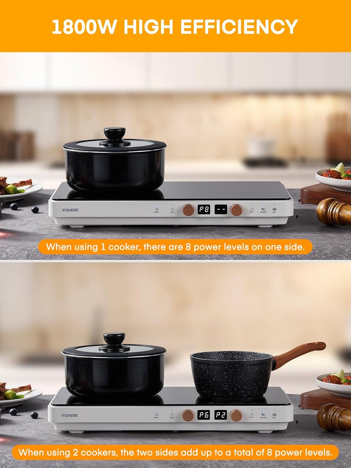FOHERE Double Induction Cooktop with 2 Burners, 1800W Portable Cooktops with Removable Iron Cast Griddle Pan Non-stick, Independent Temperature Control, Sensor Touch, 8 Power Levels, 99 Min Timer