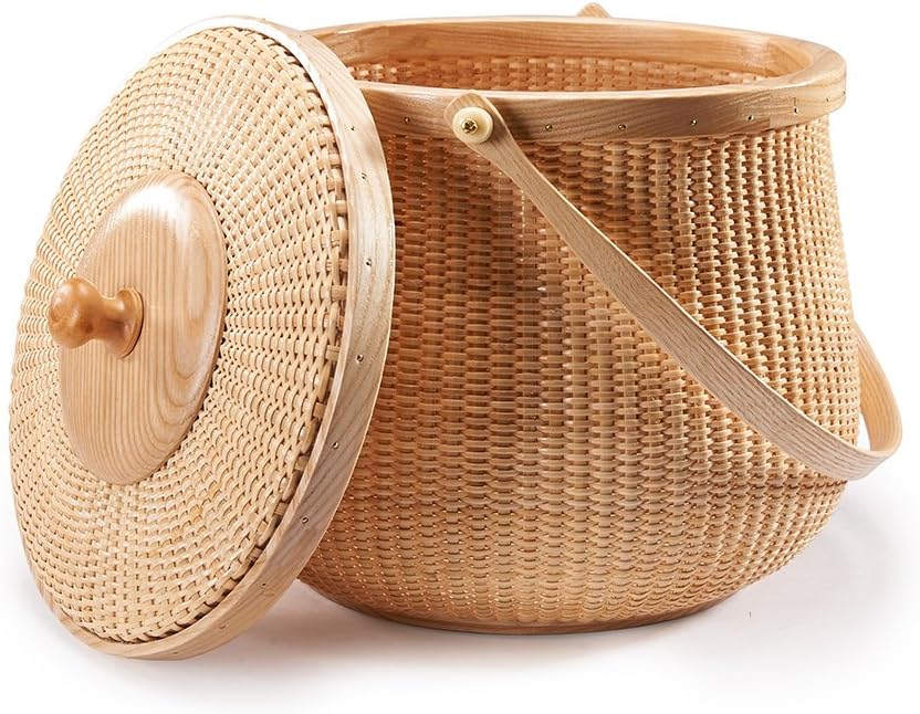 Teng Tian Natural ash wood and cane round Nantucket baskets with swing handle Removeable Lids Multi-purpose household storage box