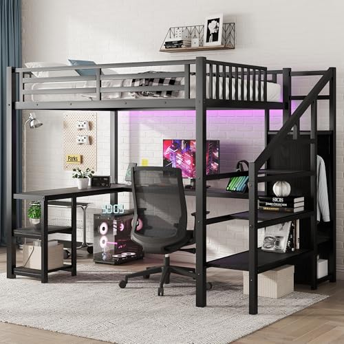 Full Size Loft Bed with Stairs and Storage, Metal Loft Bed Frame with Bedside Shelf and Large Under-Bed Space, Heavy-Duty Bed for Adults Teens and Kids, Black