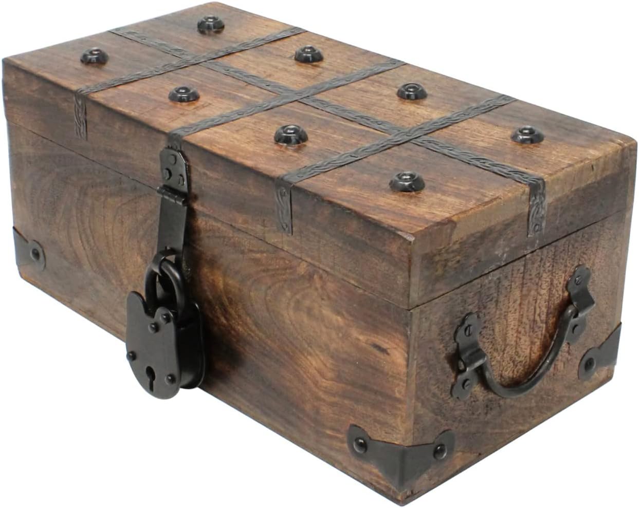 Nautical Cove Treasure Chest Wooden Box with Antique Iron Lock and Skeleton Key - Storage and Decor (Medium 12.25 x 6 x 5.5) Pack of 2