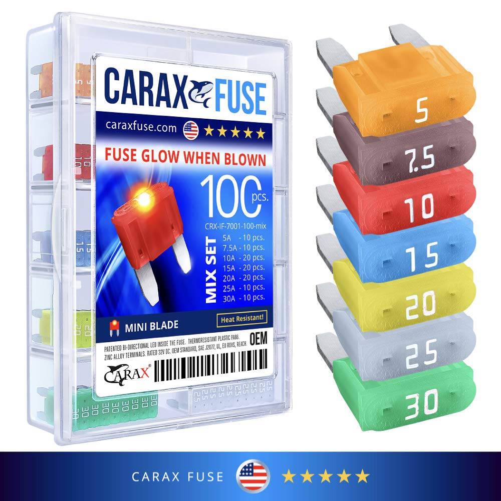 CARAX Glow Fuse – Premium Fuse Mini Blade – 100 pcs. Assortment Kit – Glow When Blown LED Automotive Fuse – Smart Auto Glow Fuse Easy Identification – Mix 100 pcs.