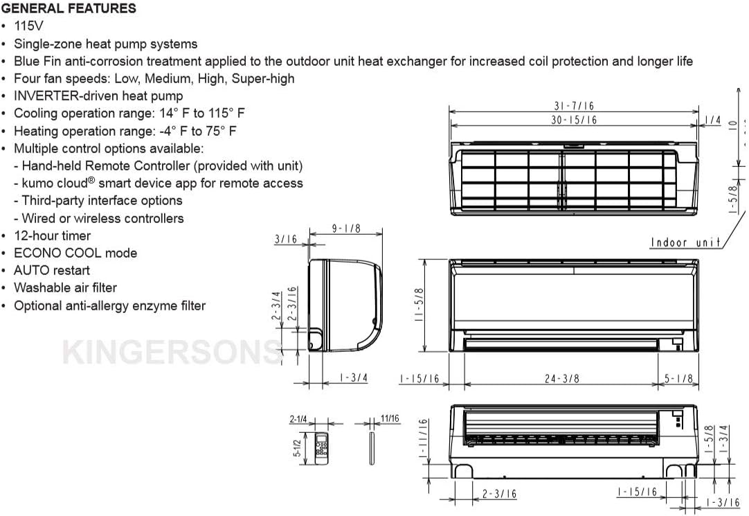 Mitsubishi 9,000 BTU 3/4 Ton Cooling Heating - Ductless Mini Split Wall Mounted Air Conditioning System 115V - 17 SEER