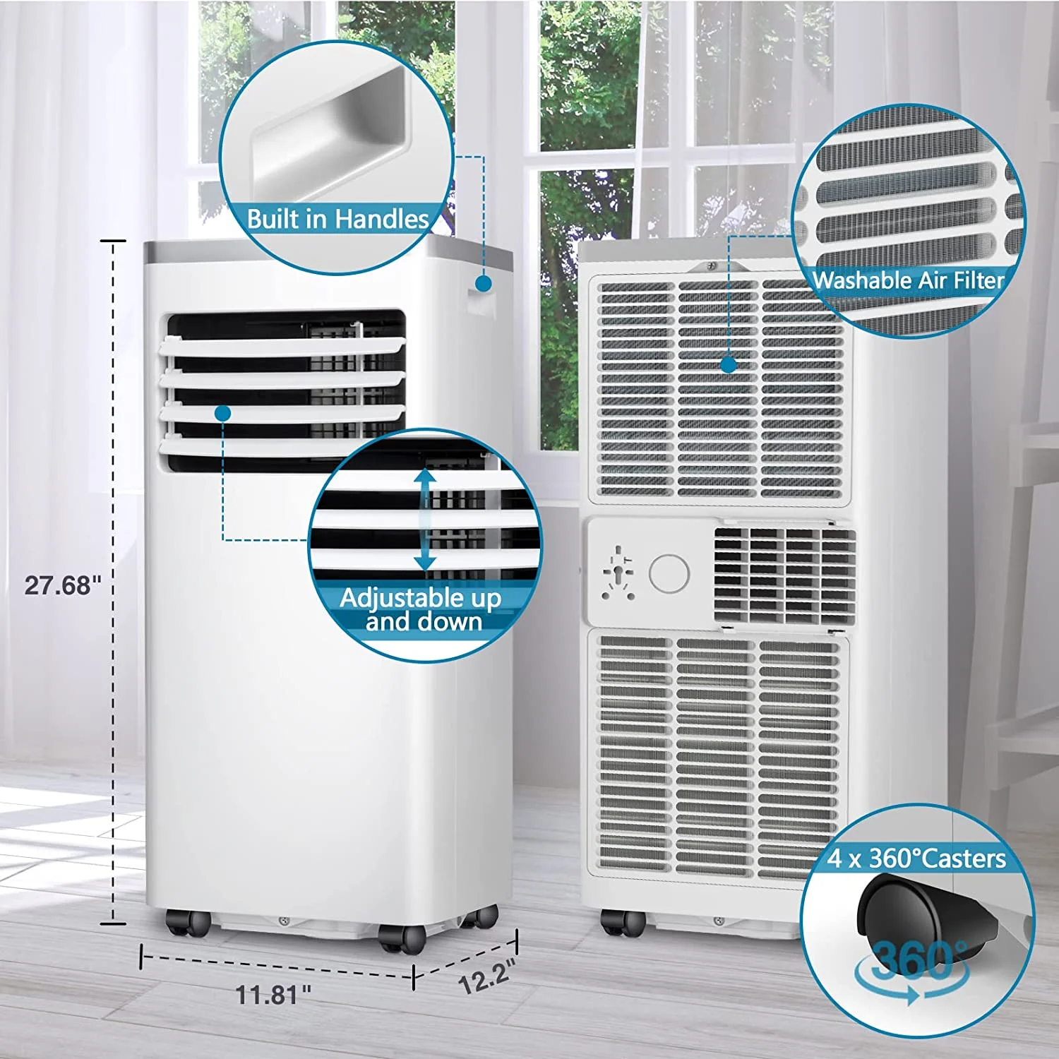 KISSAIR 5000 BTU (8,000 BTU ASHRAE) Portable Air Conditioner,3-in-1 Portable AC Unit for Room Up to 350 Sq.Ft 2 Fan Speeds/Remote Control/24Hrs Timer/Installation Kit for Home/Office-White&Silver