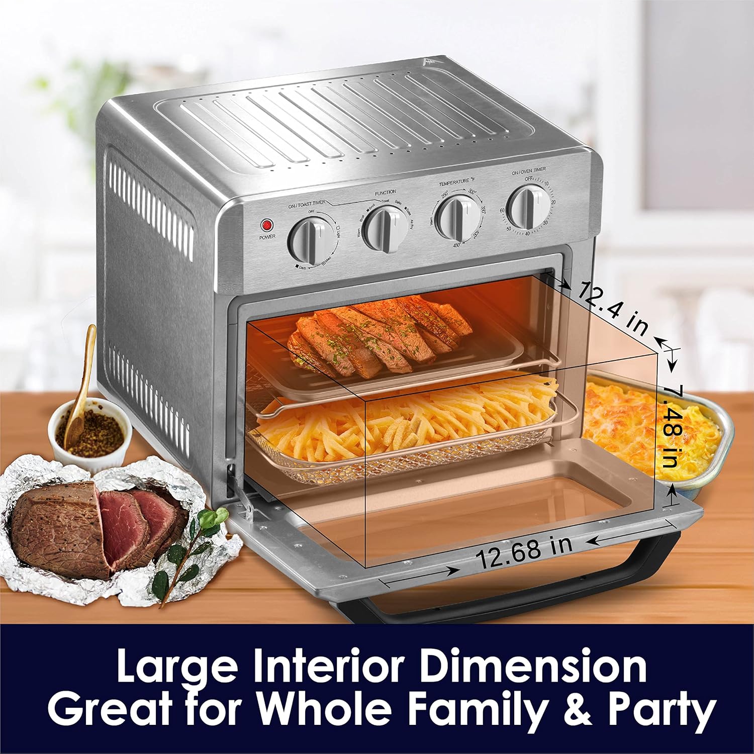 Countertop Convection Toaster Oven, AUMATE Kitchencore 7-in-1 Air Fryer Toaster Oven, Knob Control Pizza Oven with Timer/Auto-Off, 4 Accessories and Recipe Included, 19 QT, 1550W, Stainless Steel