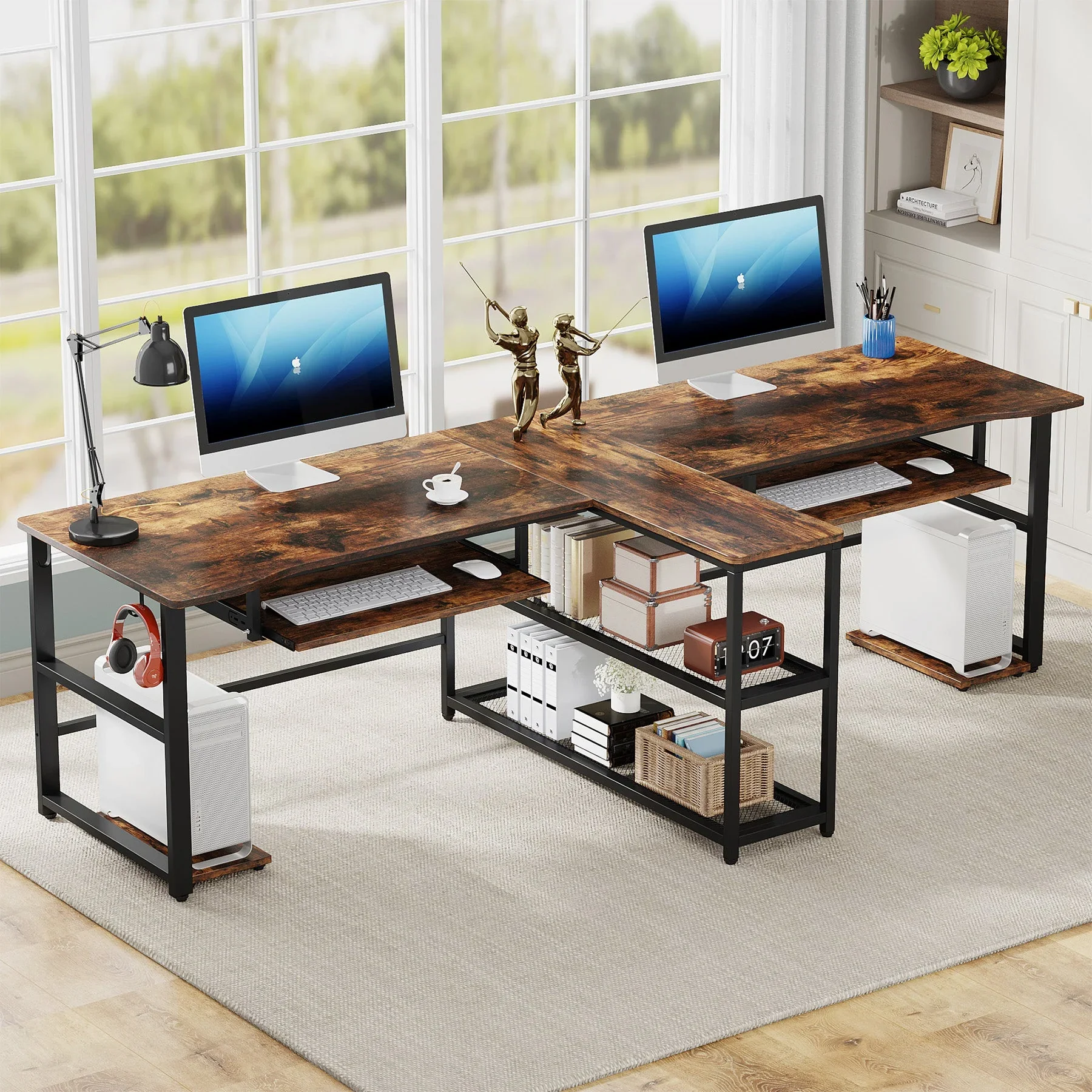 94.5" Two Person Desk, Double Computer Desk with Keyboard Tray & LED Lights