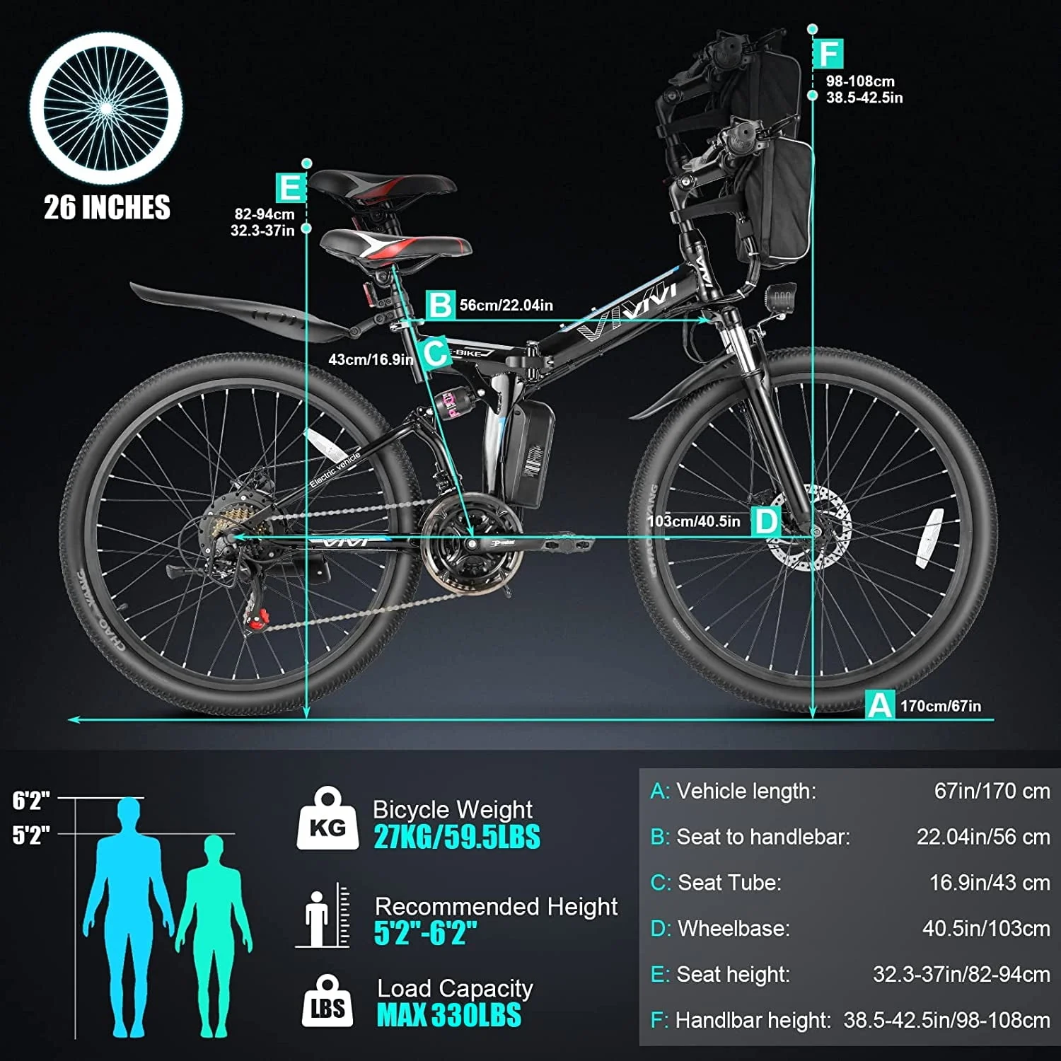 Vivi Electric Bike for Adults 26 Folding Electric Bike 500W Electric Mountain Bike 20MPH Full Suspension Electric Bike with Cruise Control Up to 50 Miles