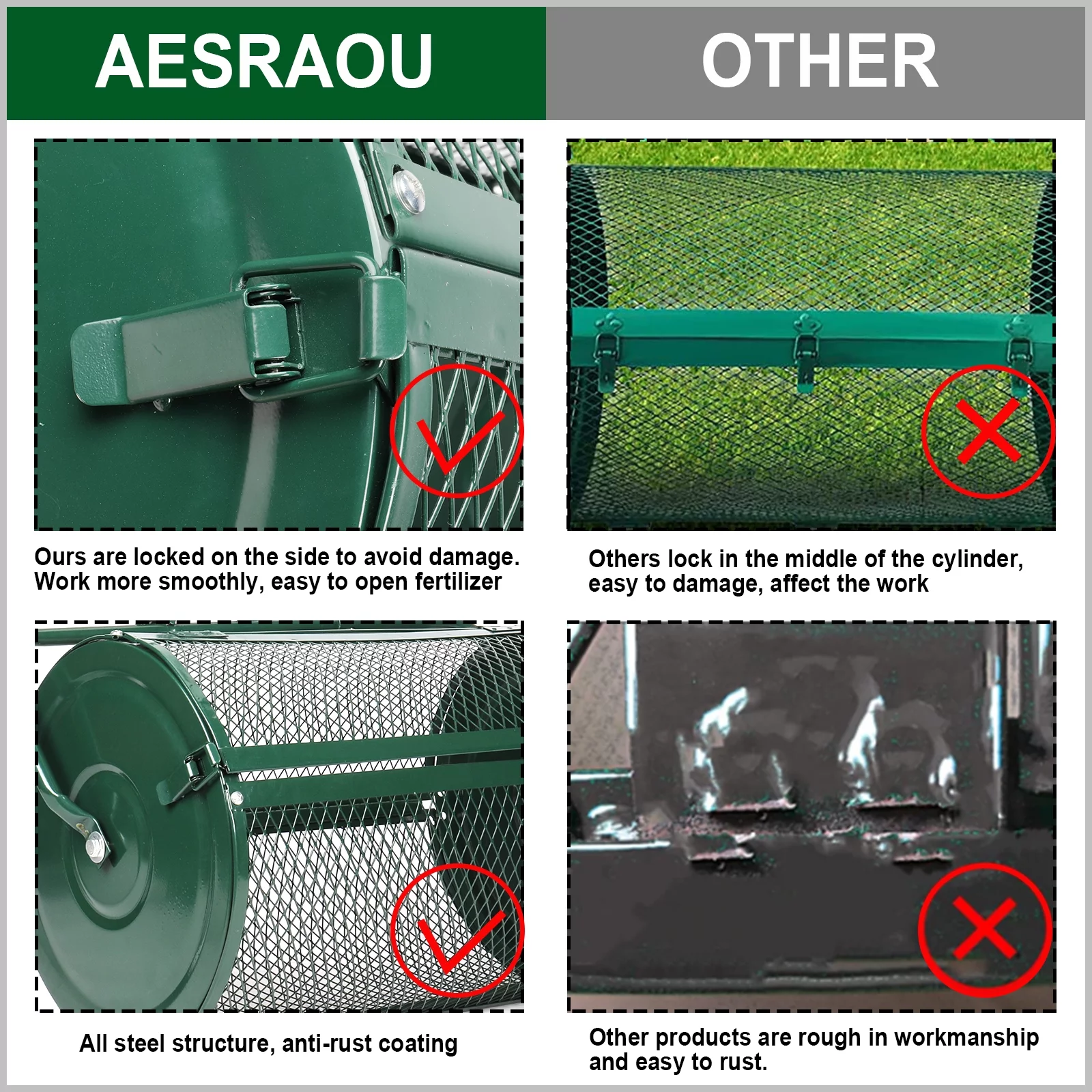 24" Compost Spreader, Aesraou Lightweight Manure Peat Moss Spreader with Upgrade T-Shaped Handle for Lawn and Garden Care Manure Spreaders Roller (Green-Small)