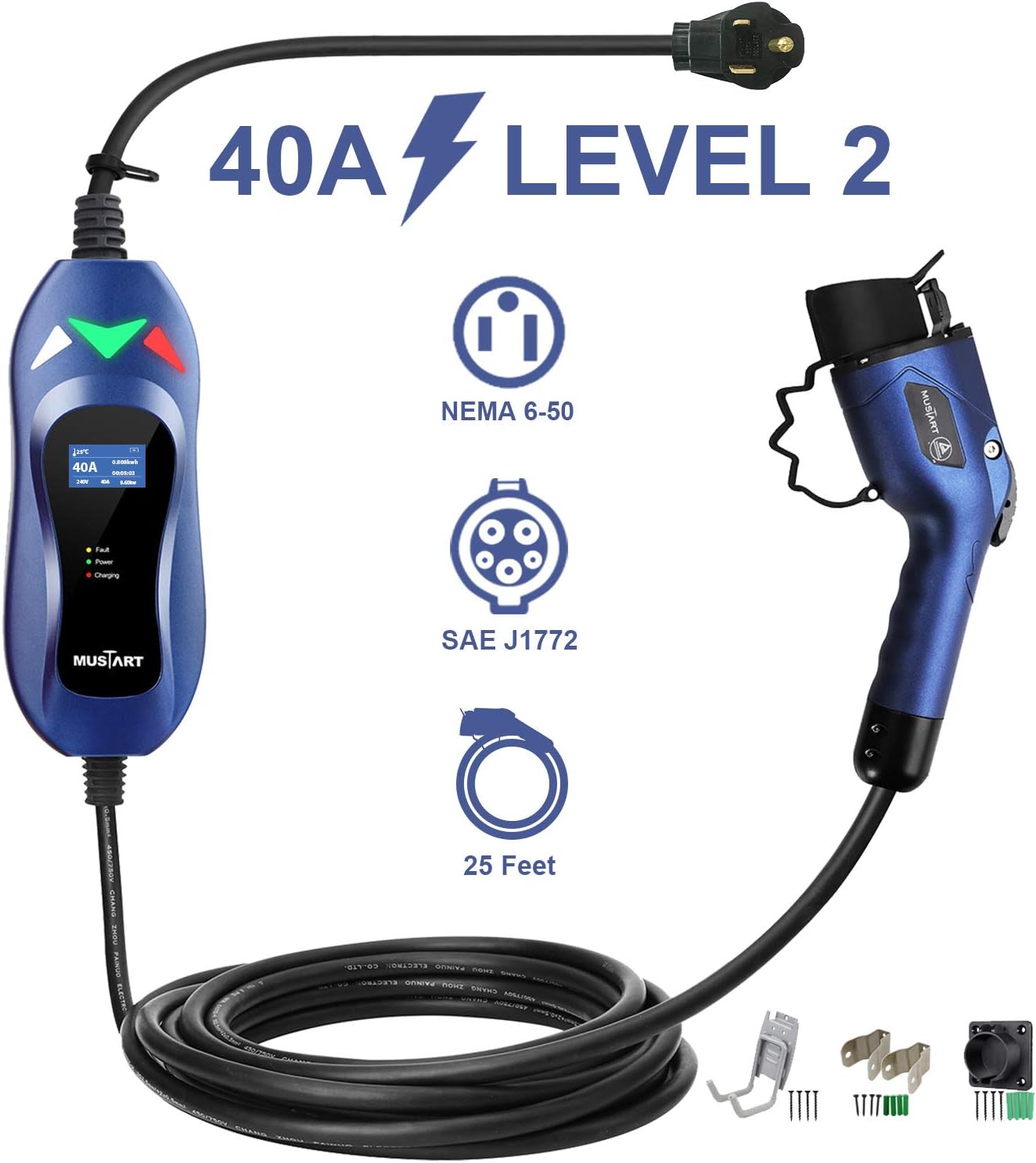 MUSTART Level 2 Portable EV Charger (240 Volt, 25ft Cable, 40 Amp), Electric Vehicle Charger Plug-in EV Charging Station with NEMA 6-50P (Update Version)