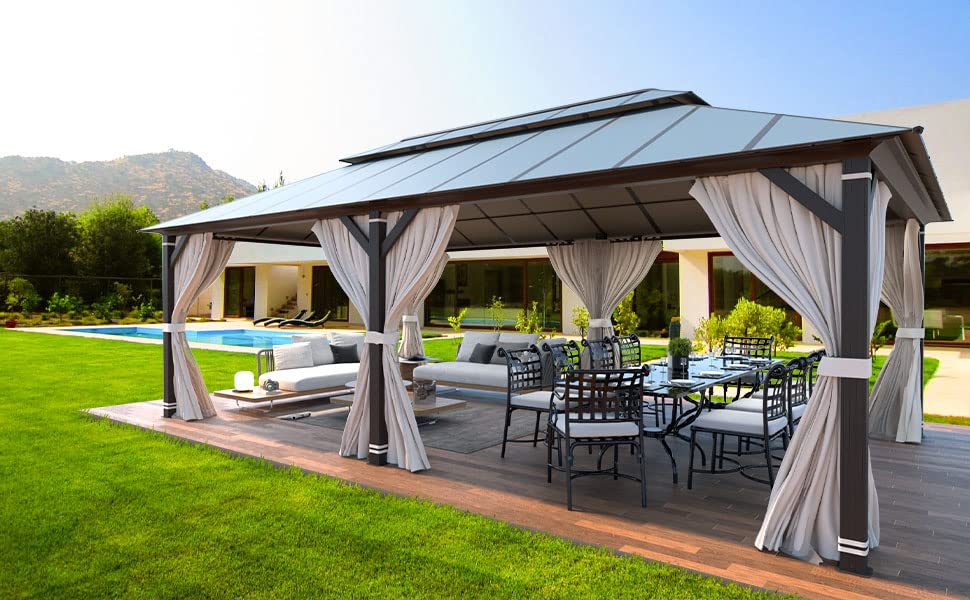 YOLENY 10' x 12' Hardtop Gazebo, Wood-Looking Gazebo with Galvanized Steel Double Roof, Aluminum Frame, Permanent Metal Pavilion with Netting and Curtains for Deck, Backyard, Patio and Lawns