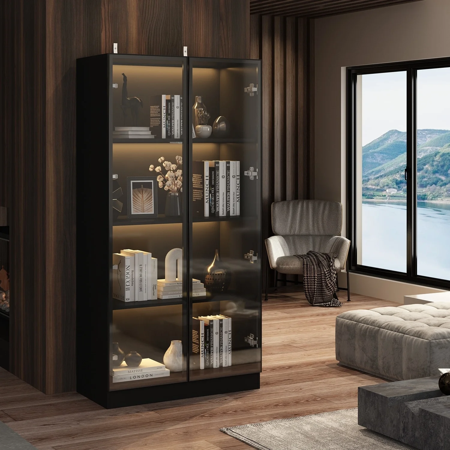 Storage Cabinet Glass l Wood Display Cabinet with 4 Shelves and Light 31.5"W - Black