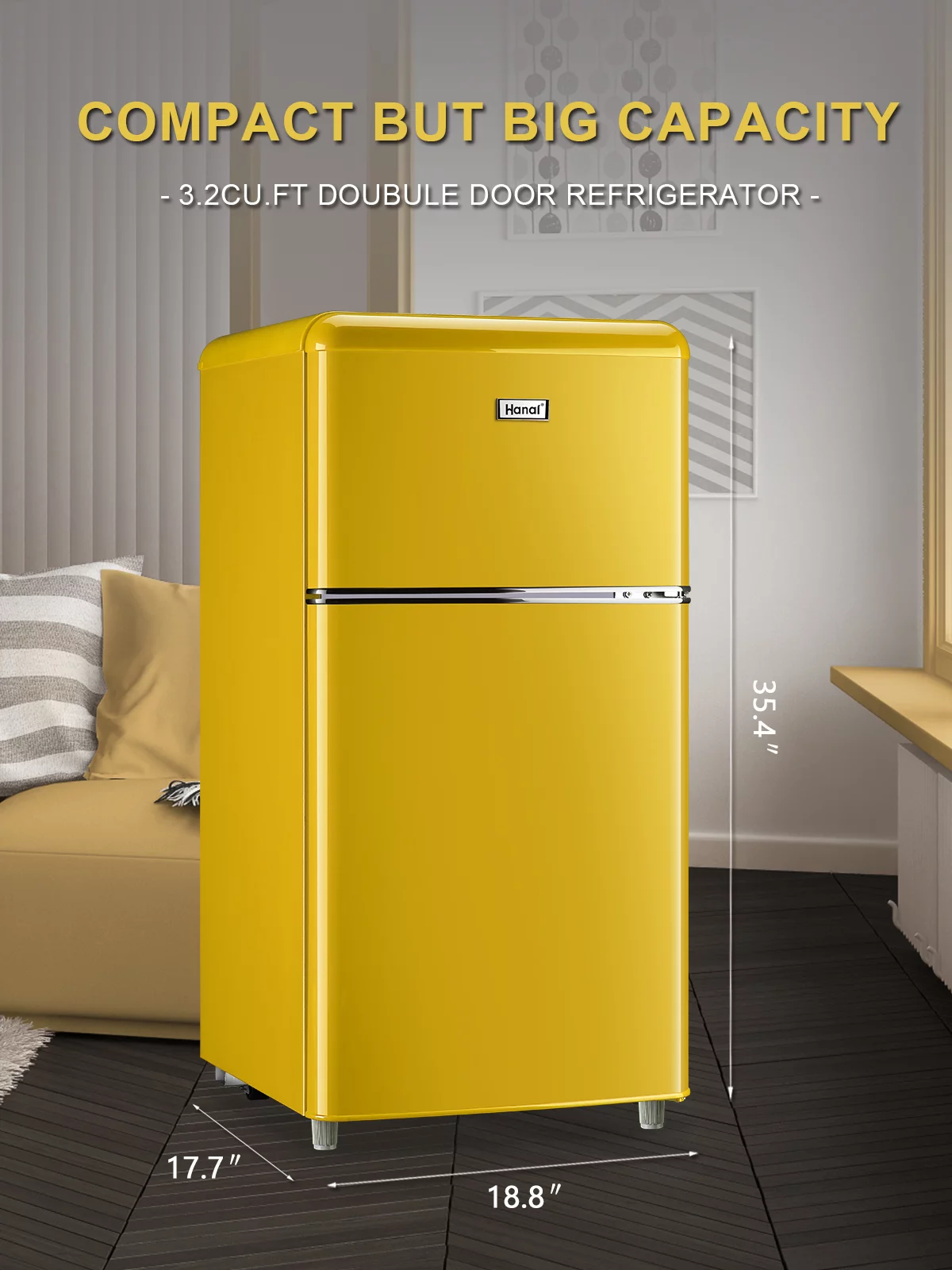 Compact Refrigerator Mini Fridge with Freezer, 3.2 Cubic Feet Retro Dual Door Small Refrigerator by WANAI with 7 Temp Modes, LED Lights, Removable Shelves, Ideal for Bedroom, Dorm, Office, Apartment