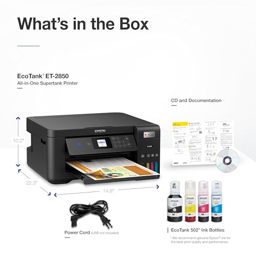 Epson EcoTank ET-2850 Wireless Color All-in-One Cartridge-Free Supertank Printer with Scan, Copy and Auto 2-sided Printing - White (Renewed)