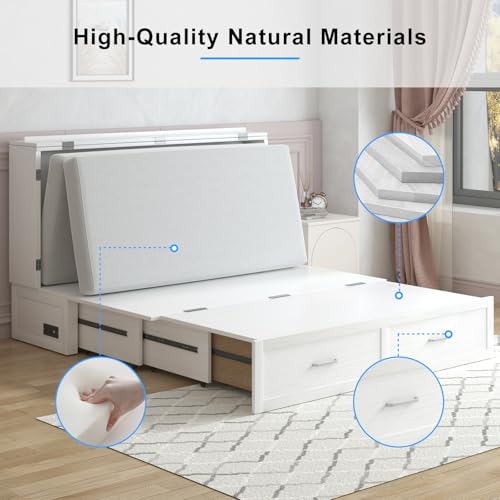 PUREMIND Queen Murphy Bed Cabinet with 2 Storage Drawers, Hideaway Murphy Chest Bed with Mattress, Cabinet Beds Wallbed with USB Charging Station for Bedroom, Guest Room