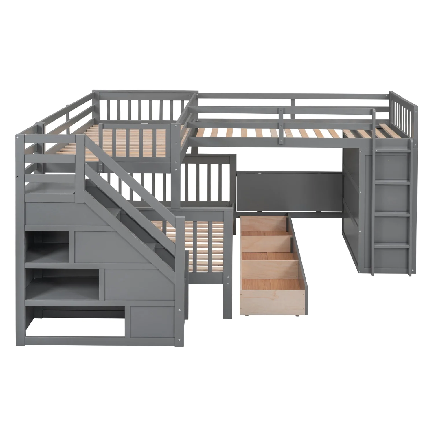 Churanty Twin-Twin Over Full L-Shaped Bunk Bed with Wardrobe Space,Solid Wood Staircase Bunk Bed with Portable Desk,Gray