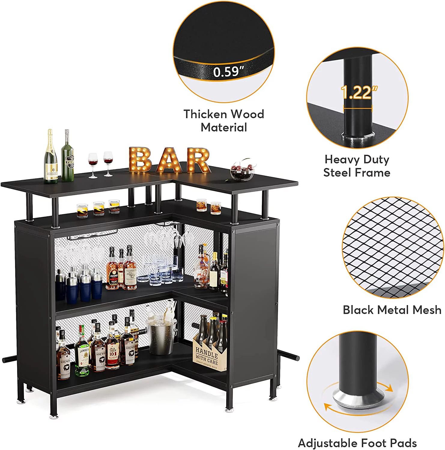 Tribesigns L-Shaped Home Bar Unit, Liquor Bar Table with 4 Stemware Racks and 2-Tier Shelves, Footrest for Home/Kitchen/Bar/Pub, Bar Table, Black