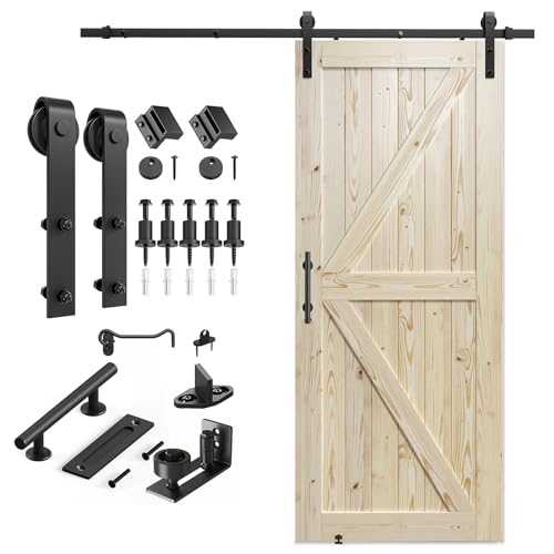 SMARTSTANDARD 36in x 84in Sliding Barn Door with 6.6ft Barn Door Hardware Kit Included, Unfinished Solid Spruce Wood Door, Assembly Required, DIY, Stainable, Natural