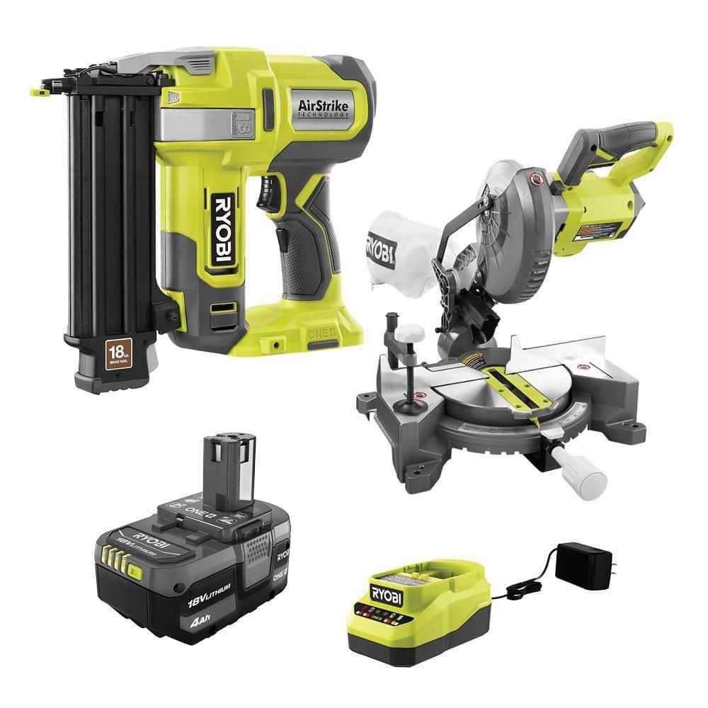 RYOBI ONE+ 18V Cordless 2-Tool Combo Kit with 18-Gauge AirStrike Brad Nailer, 7-1/4 in. Miter Saw, 4.0 Ah Battery, and Charger - Shop Hardware Tools Online Store