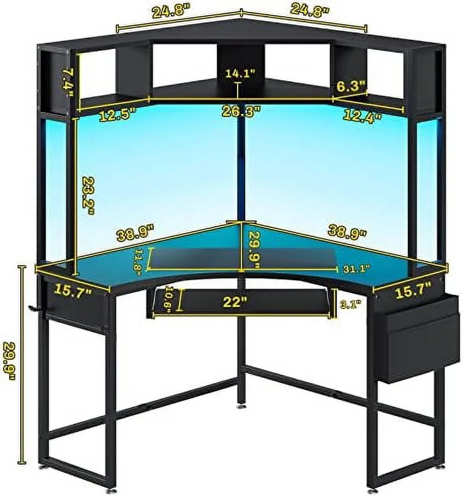 HOOMHIBIU Corner Desk  Small Computer Desk with Hutch &amp; LED Lights  Triangle Corner Computer Desk with Keyboard Tray   Bag  and Headphone Hook for Small Space  Small Office Desk  Rust