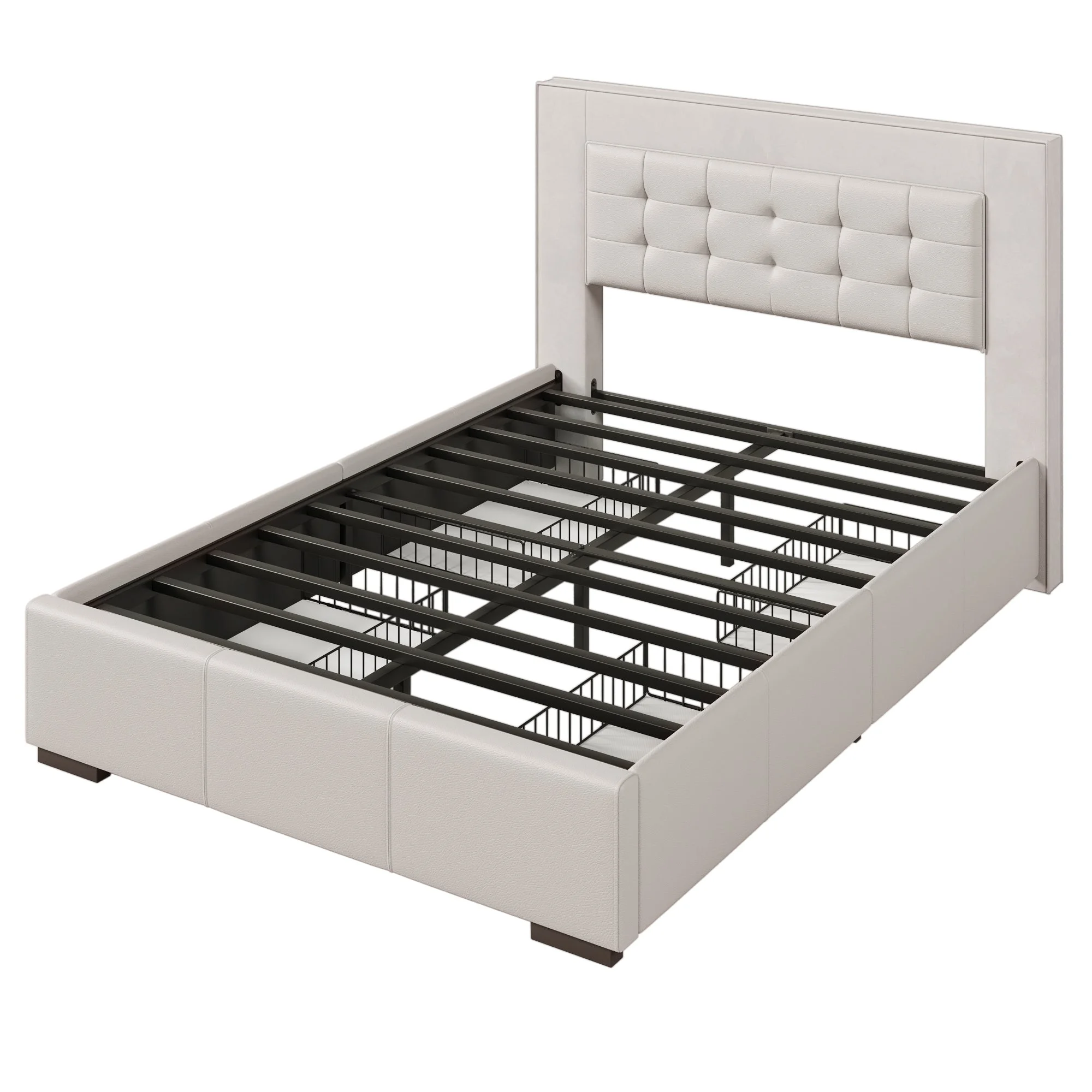 Acer Queen Platform Bed Frame with Four Drawers - Beige
