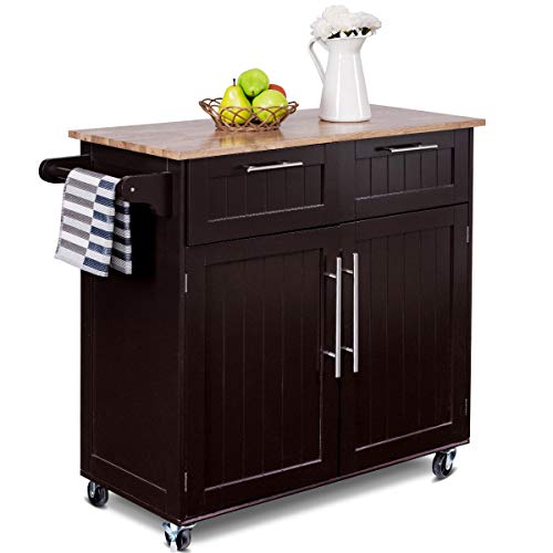 SILKYDRY Kitchen Island with Storage, Kitchen Storage Trolley w/Adjustable Shelves, Rubber Wood Top, Towel Rack, Large Drawers & 2-Door Cabinet, Rolling Kitchen Cart Lockable Island Table
