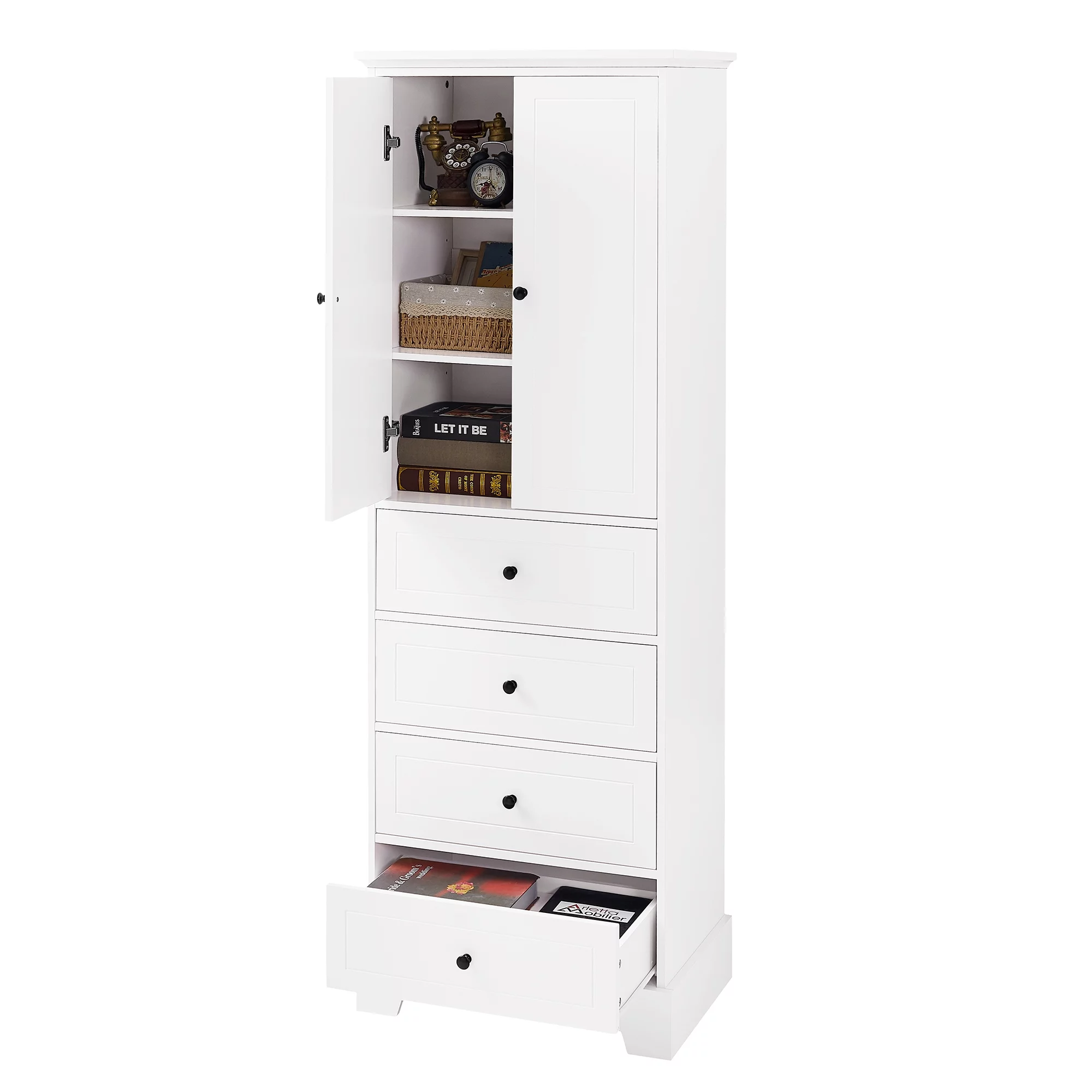Hombay Tall Bathroom Storage Cabinet with 2 Doors and 4 Drawers, Wood Freestanding Cupboard Pantry with Adjustable Shelves for Living Room Bedroom Kitchen