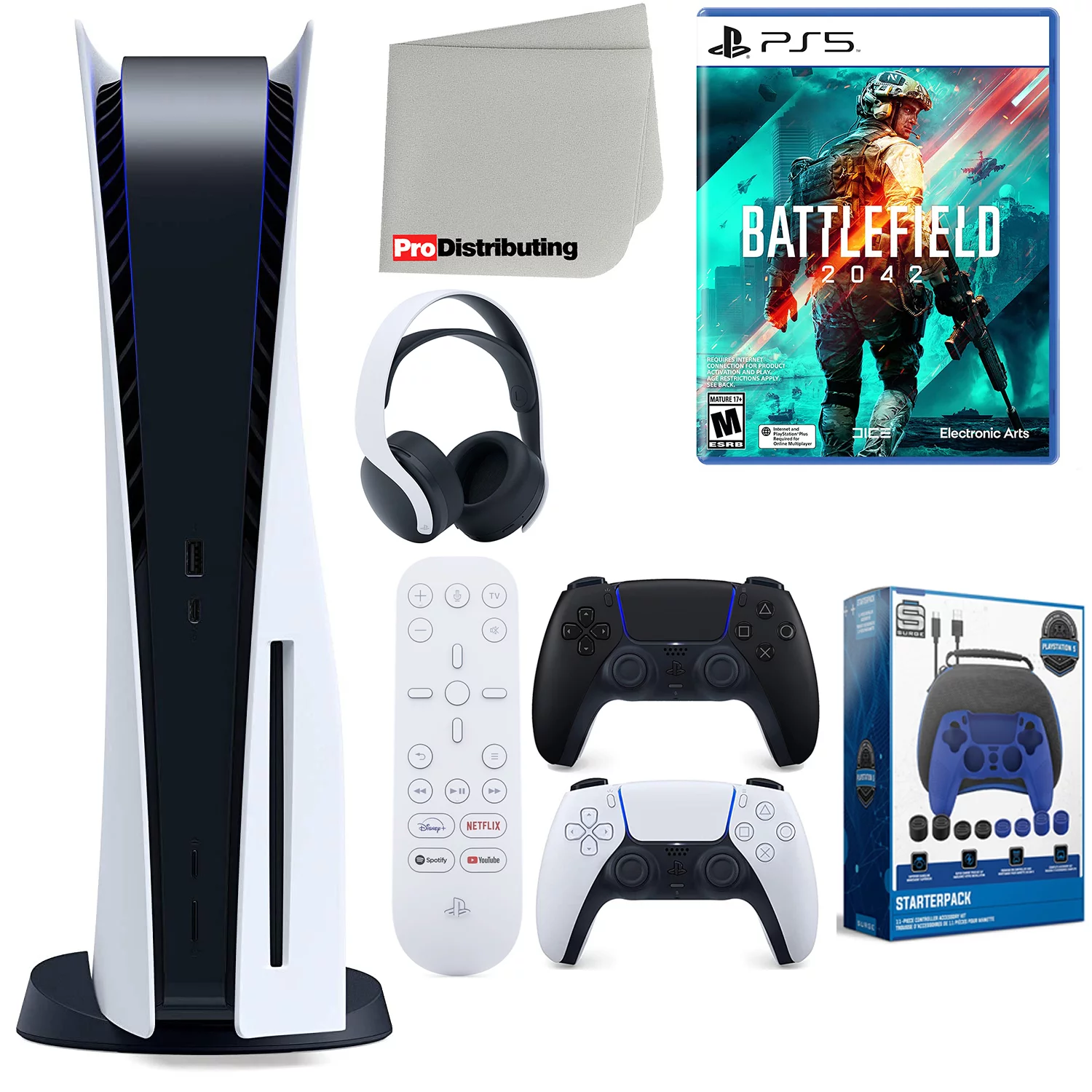 Sony Playstation 5 Disc Version (Sony PS5 Disc) with Midnight Black Extra Controller, Headset, Media Remote, Battlefield 2042, Accessory Starter Kit and Microfiber Cleaning Cloth Bundle