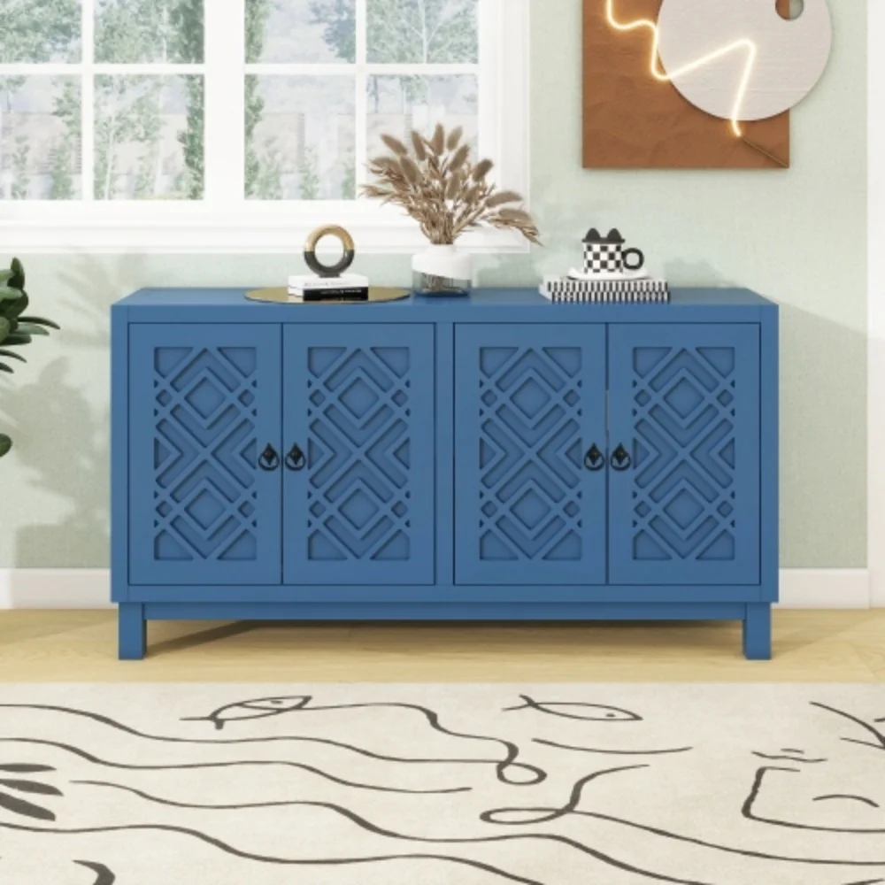 TREXM Large Storage Space Sideboard, 4 Door Buffet Cabinet with Pull Ring Handles for Living Room, Dining Room (Navy)  Navy + MDF