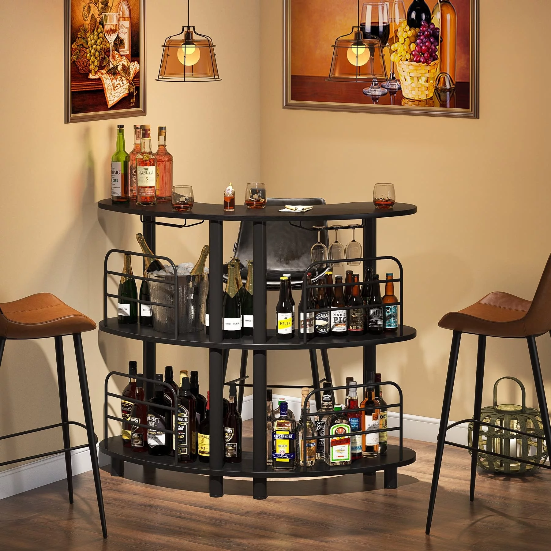 Bar Unit for Liquor, 3 Tier Bar Cabinet with Storage Shelves, Corner Bar Table with Wine Glasses Holder for Home/Kitchen/Bar/Pub Black