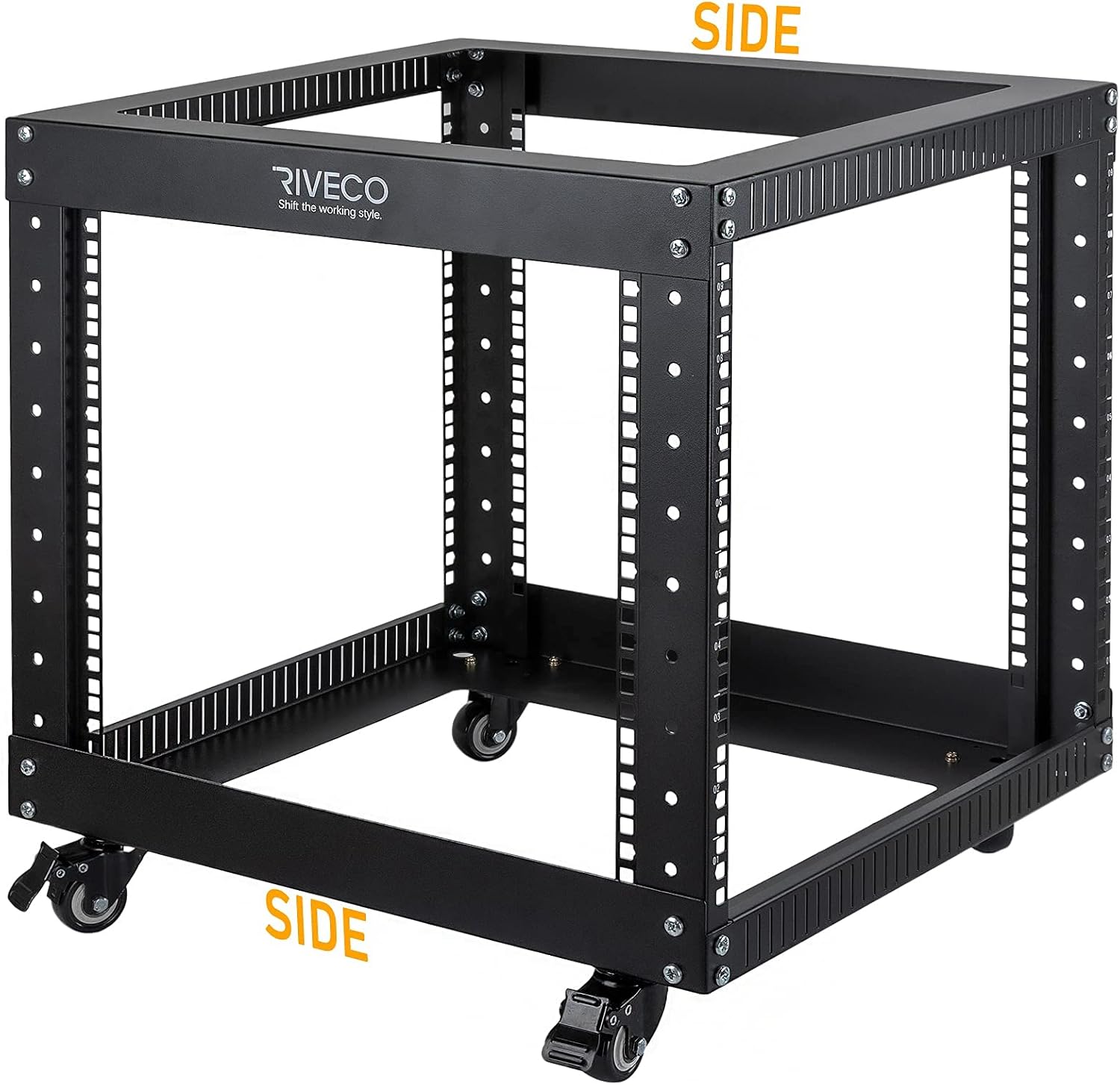 RIVECO 9U Open Frame Server Rack with Casters- Heavy Duty 4 Post Quick Assembly 19-inch, Stereo Rack Network Cabinet Black