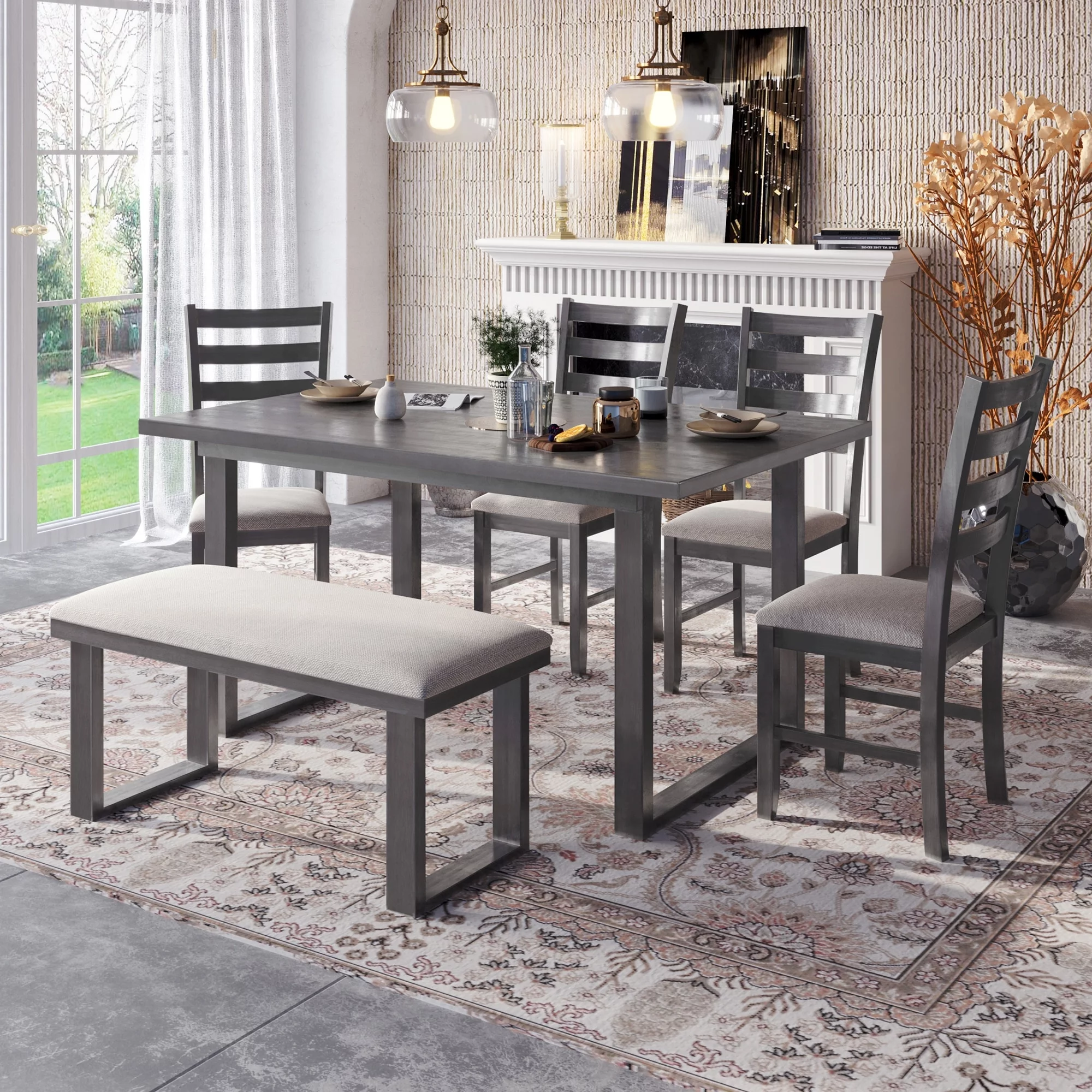 6-Piece Solid Wood Dining Set - Rectangular Table, 4 Chairs, and Bench in Gray - Contemporary Style for Family Gatherings