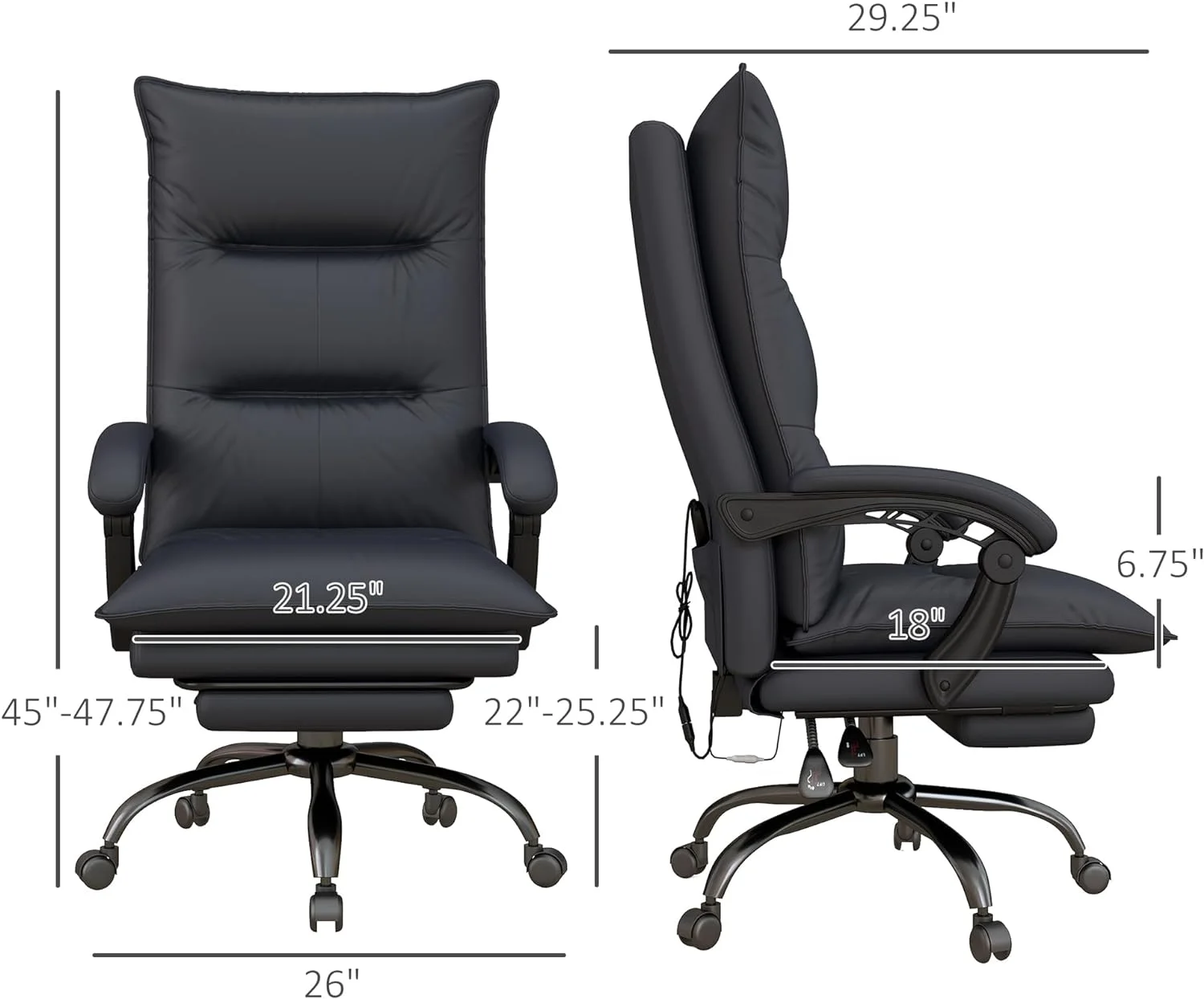 Massage Office Chair With 6 Vibration Points, Executive Computer Desk Chair, Heated Reclining Chair With Footrest, Armrest, Double Padding - Charcoal Gray