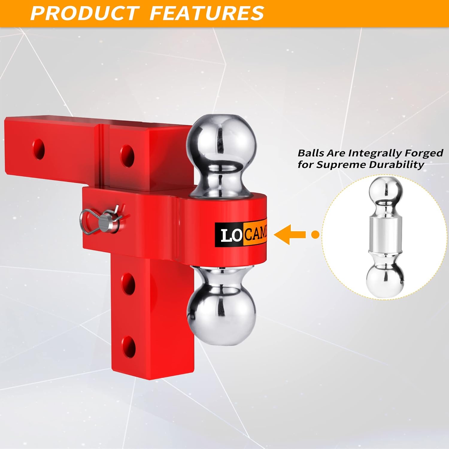 LOCAME Adjustable Trailer Hitch, Fits 2-Inch Receiver, 6-Inch Drop/Rise Aluminum Drop Hitch, Tow Hitch for Heavy Duty Truck with Double Stainless Steel Pins, Red, LC0001