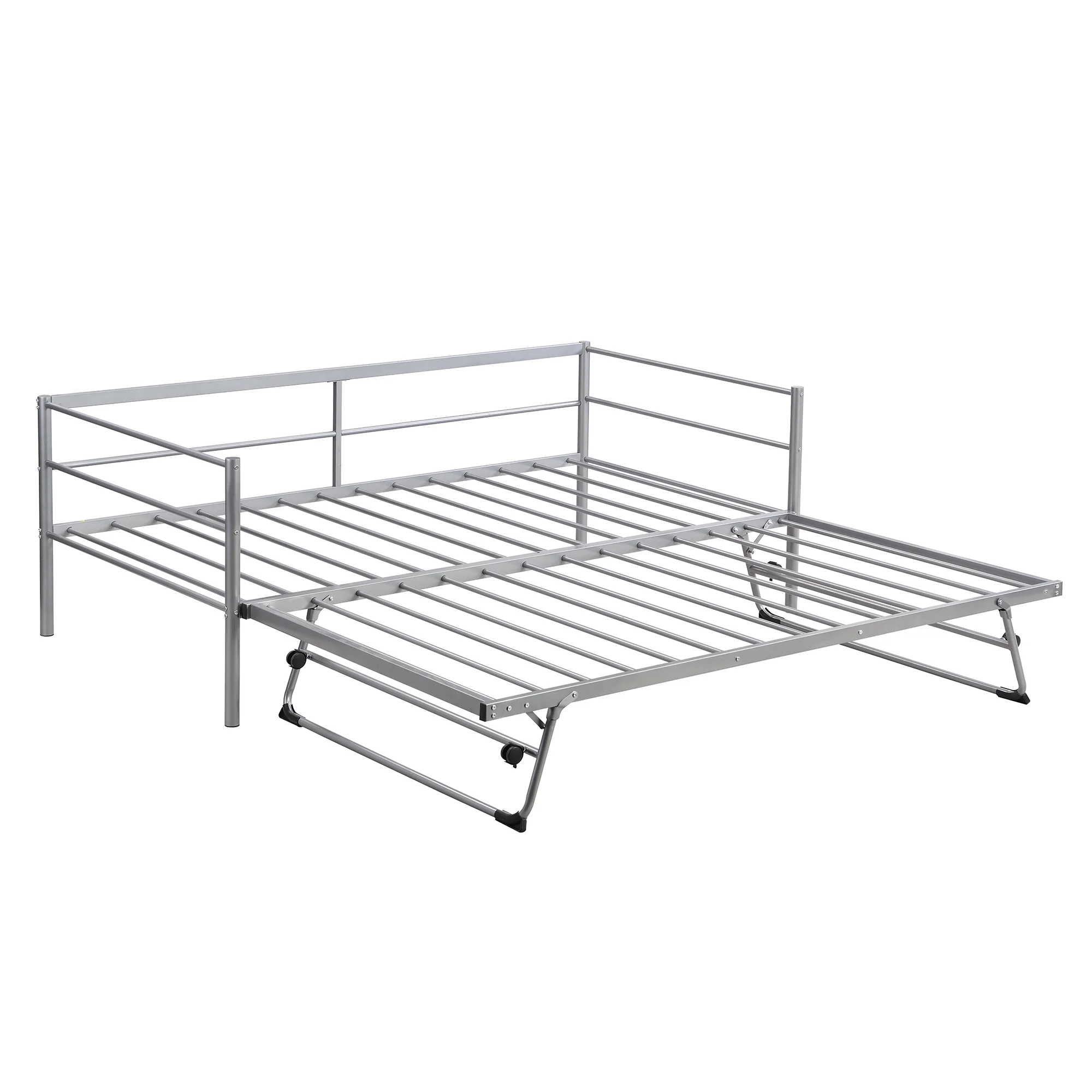 Euroco Metal Twin Size Platform Bed, Convertible Daybed with Trundle Bed, Pop Up Trundle for Guests and Extra Storage, Silver