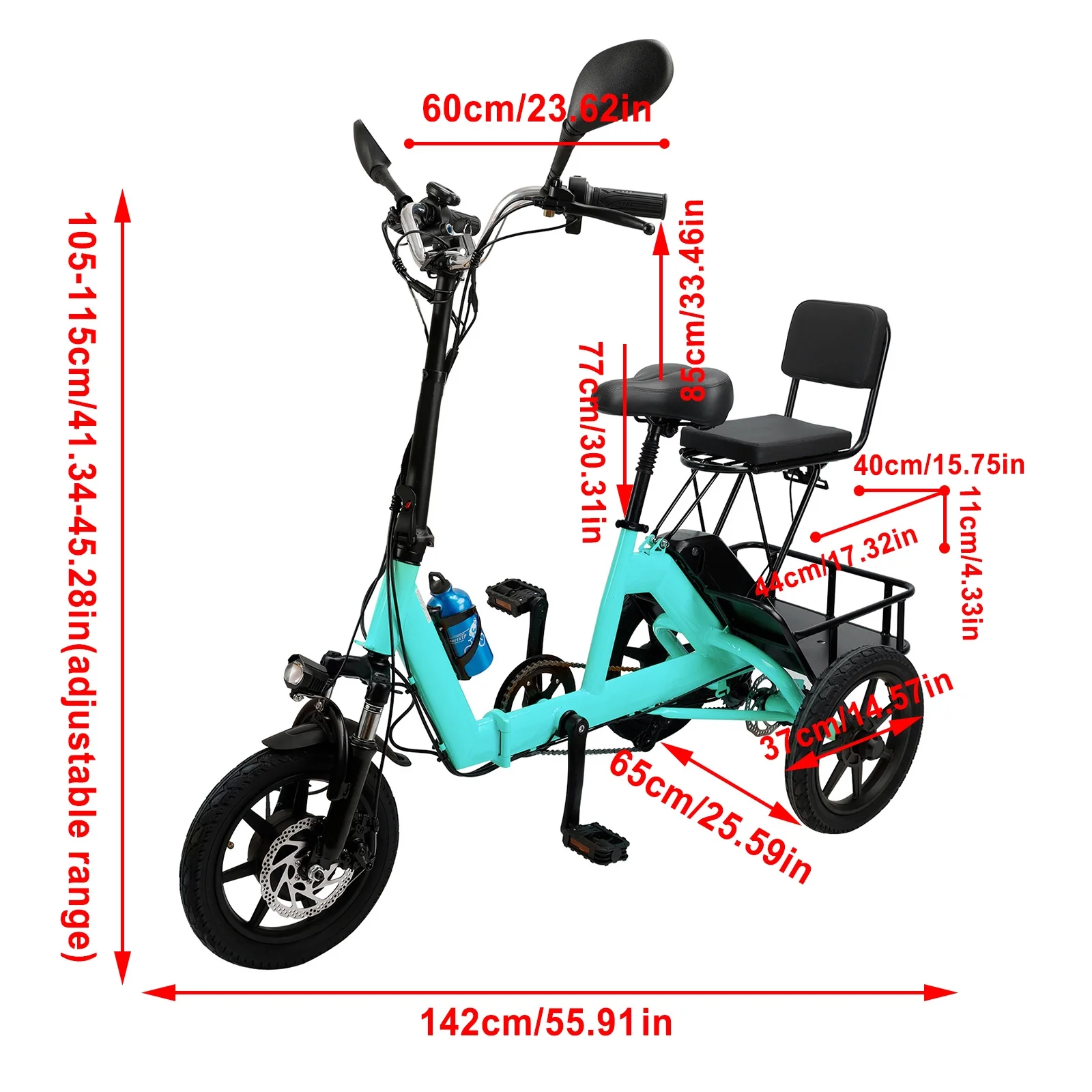 3-Wheel Electric Trike Motorized Folding Tricycle E-Bike - 48V 350W