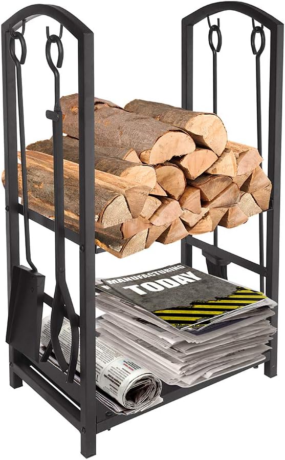 Firewood Rack Log Cart With Large Wheels, Firewood Mover with 3 Fireplace Tool Set Fireplace Log Carriers Holders Black Wrought Iron Firepit Firewood Cart, 31.5'' x 14'' x 14''
