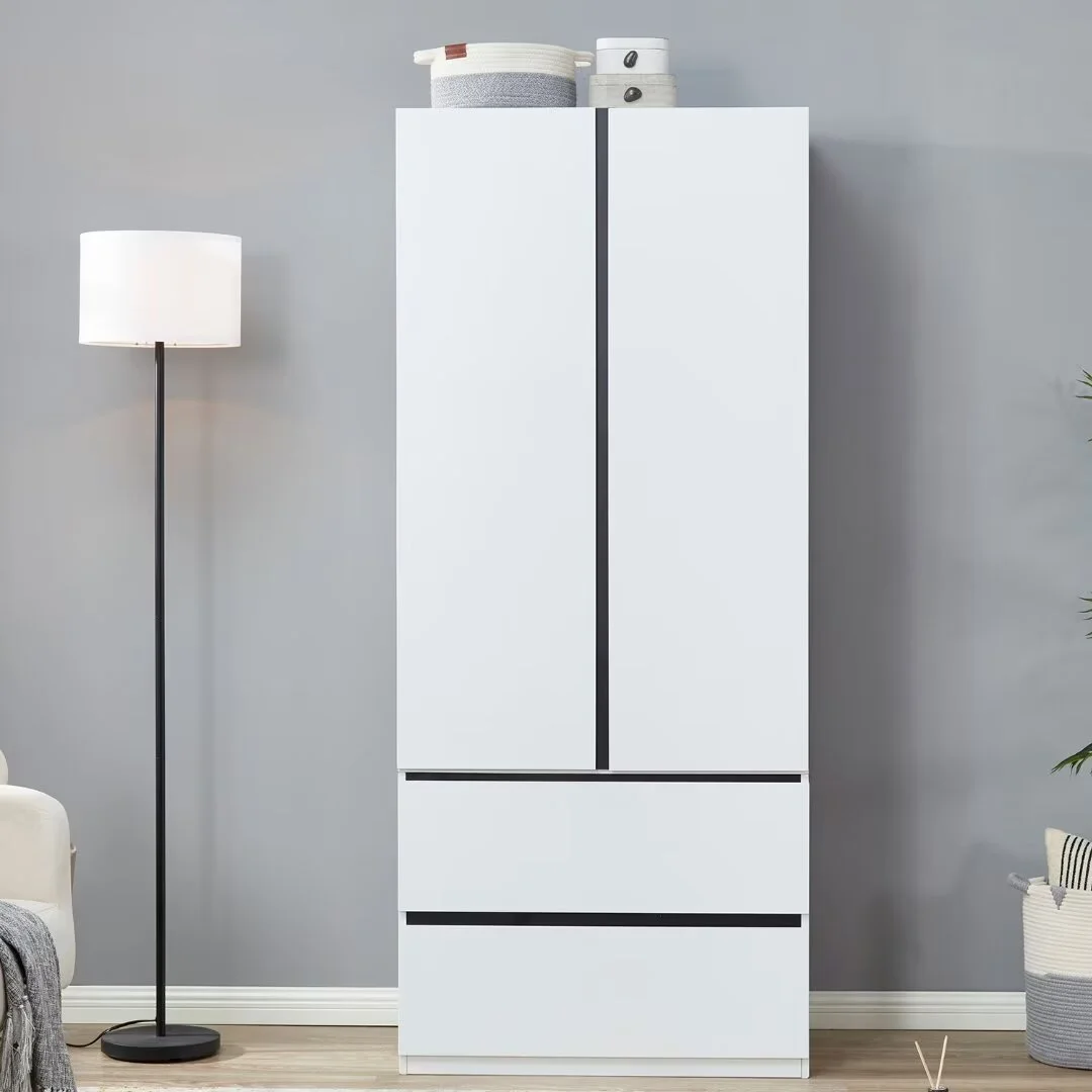 Sophshelter Wardrobe Armoire Storage Cabinet Wood: 2 Door 2 Drawers White Closet Cabinet for Large Capacity with Hanging Rod and Handles Armoire Storage Cabinet - Curated Treasures Market