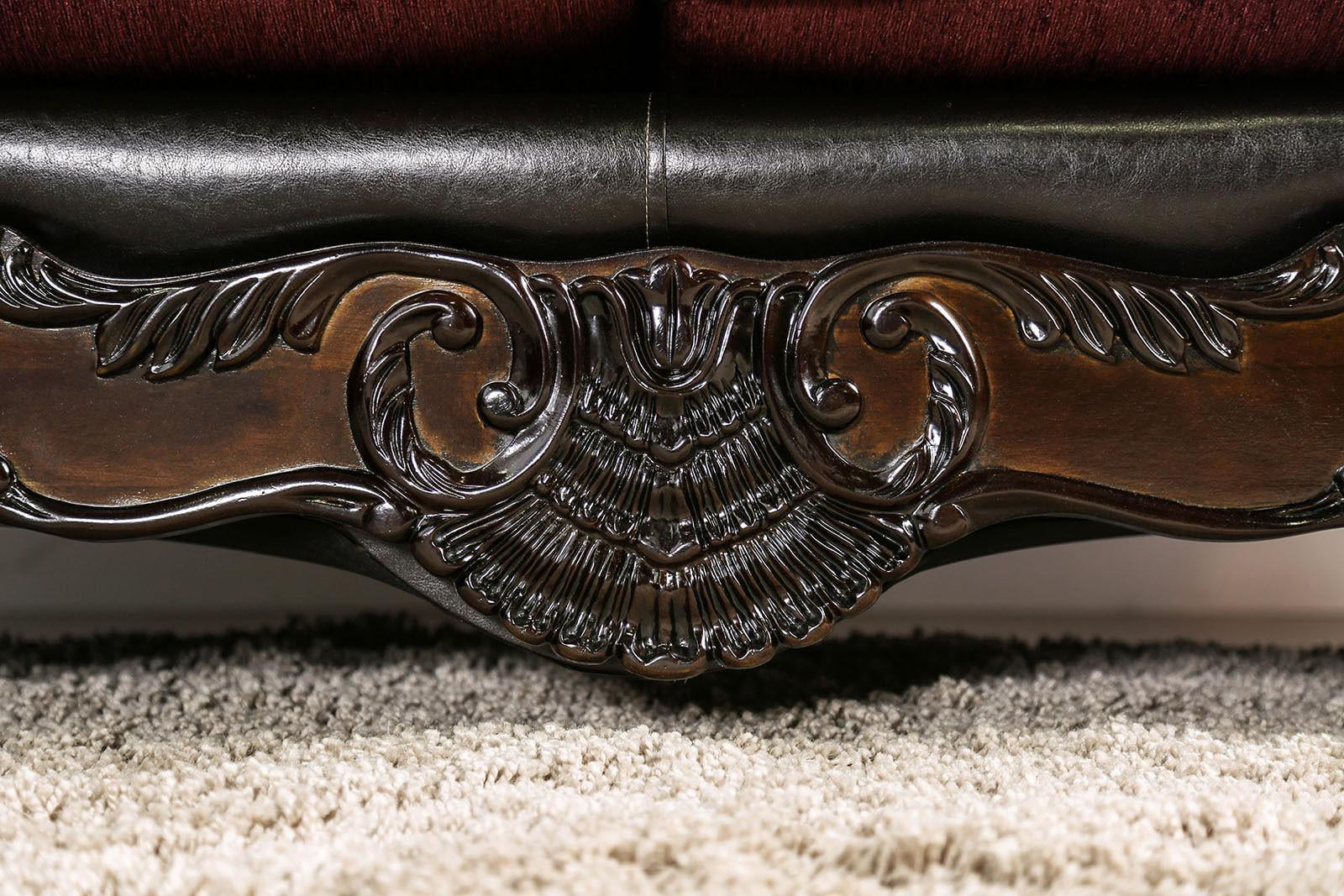Traditional Burgundy & Dark Brown Chenille Sofa and Loveseat FOA Quirino