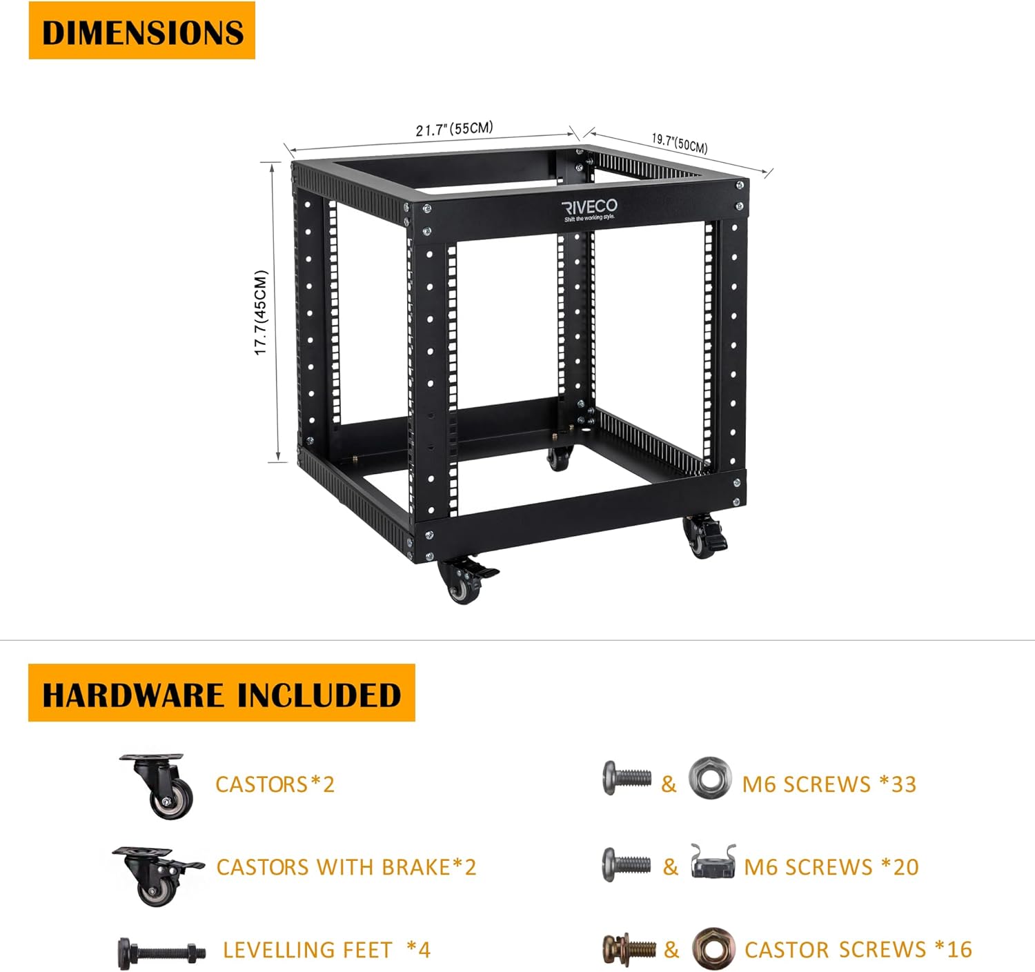 RIVECO 9U Open Frame Server Rack with Casters- Heavy Duty 4 Post Quick Assembly 19-inch, Stereo Rack Network Cabinet Black