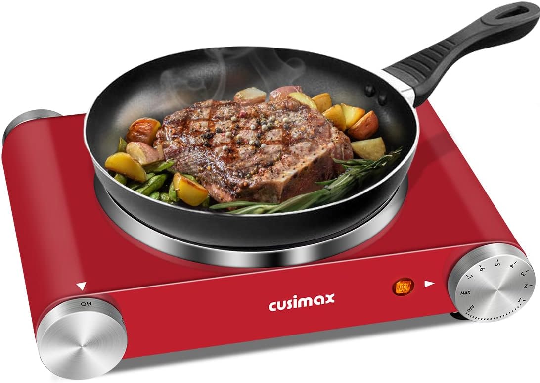Hot Plate, CUSIMAX Double Burner 1800W Electric Burners, Double Hot Plate for Cooking Portable Electric Cooktop, Cast Iron Hot Plates, Countertop Burner, Black Stainless Steel, Easy to Clean