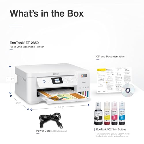 Epson EcoTank ET-2850 Wireless Color All-in-One Cartridge-Free Supertank Printer with Scan, Copy and Auto 2-sided Printing - White (Renewed)