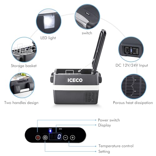 ICECO JP Series 12v Portable Freezer Fridge Cooler Compact Refrigerator, 0℉～50℉, DC 12/24 V, AC 110-240V, for CAR, Truck, Vehicle, Van, Outdoor, Camping, Picnic