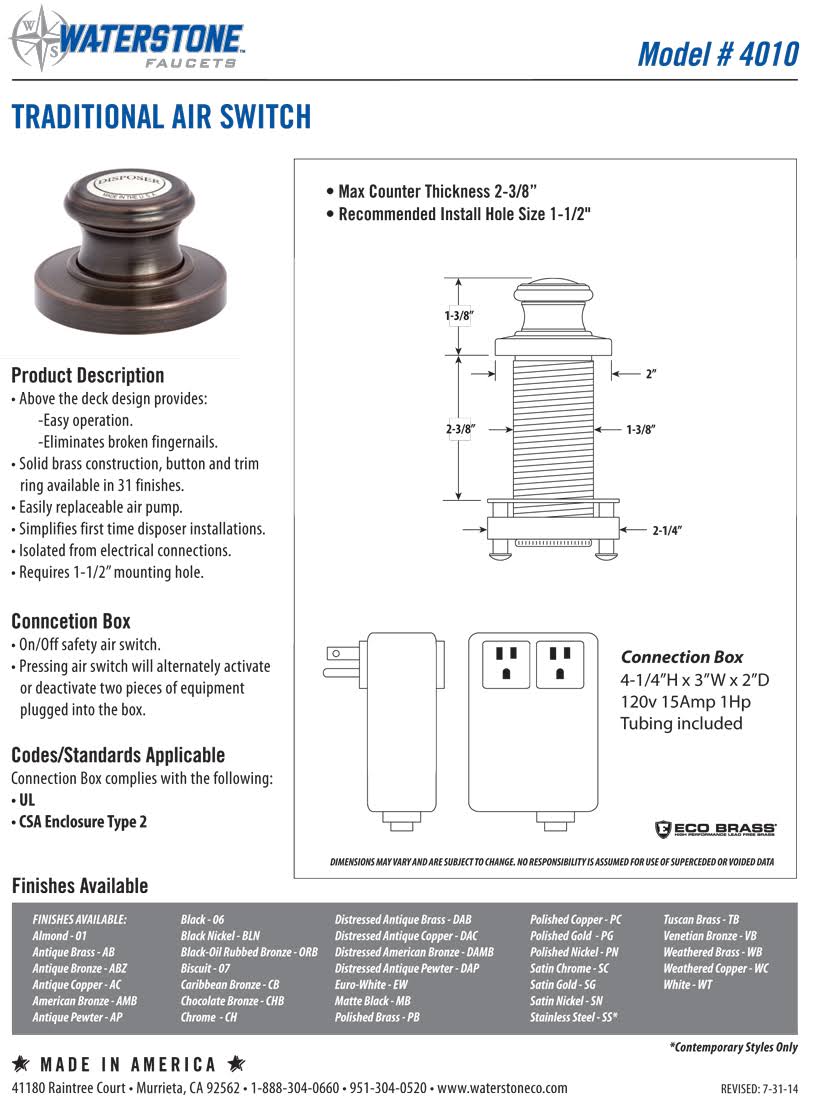 Waterstone 4010-SB Traditional Air Switch Satin Brass