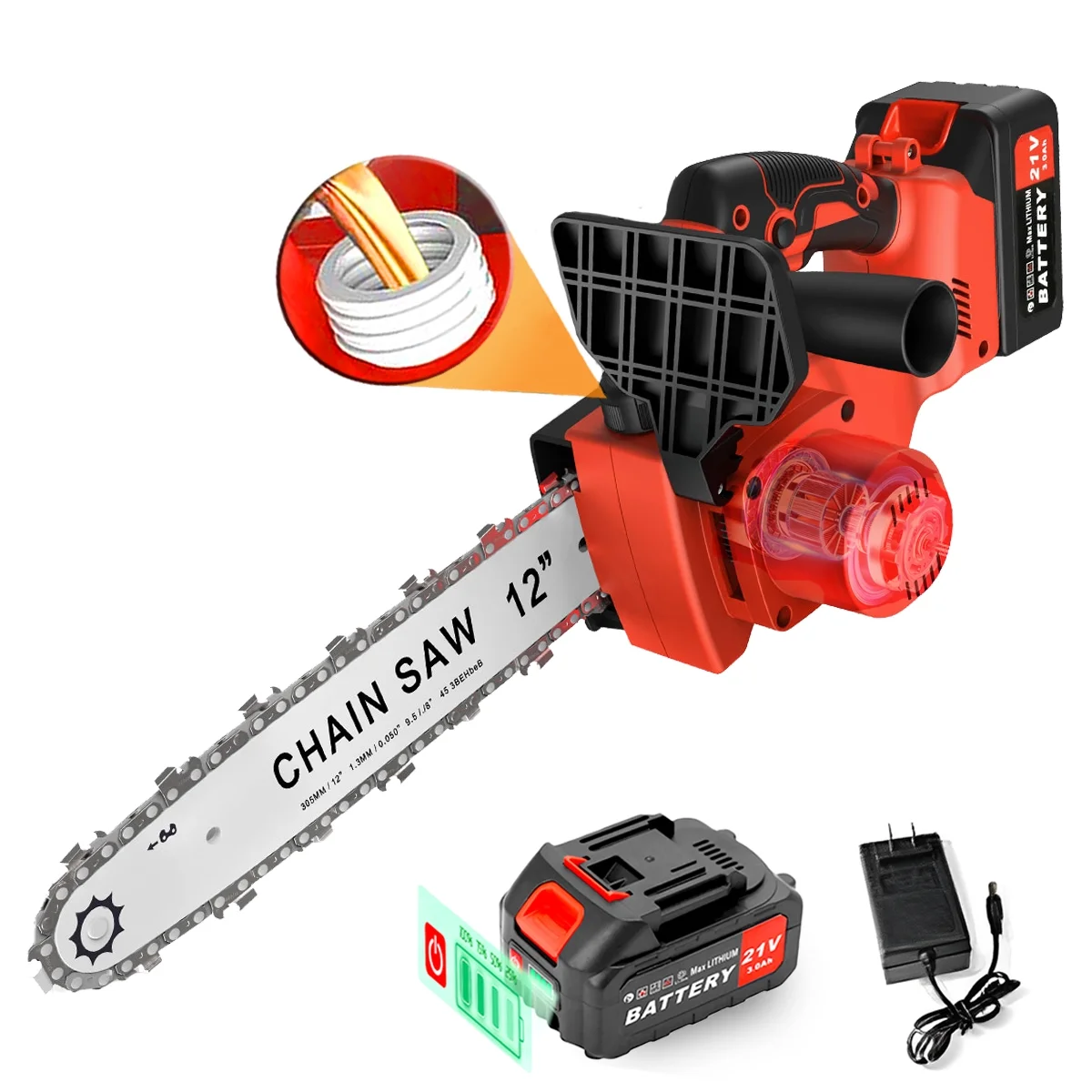 Tanbaby 12 Cordless Chainsaw, 900W Brushless Motor Battery Operated Chain Saw with 21V Rechargeable 3.0Ah Battery and Charger for Wood Cutting, Tree Trimming